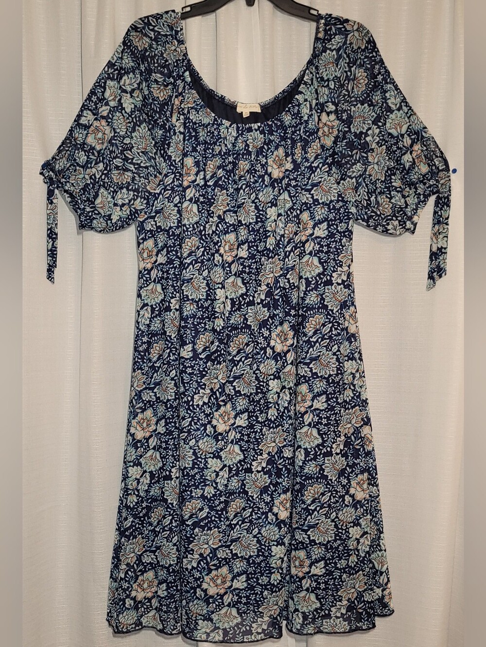 Joie De Vivre Sheer Floral Navy Blue Short-Sleeve Women’s Dress